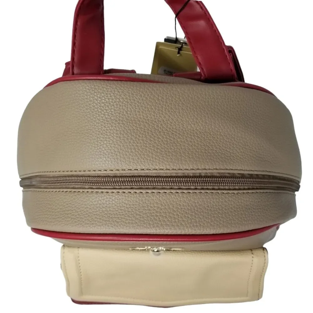 Queen Bee Taupe Red and Cream Large Pebbled Backpack Purse